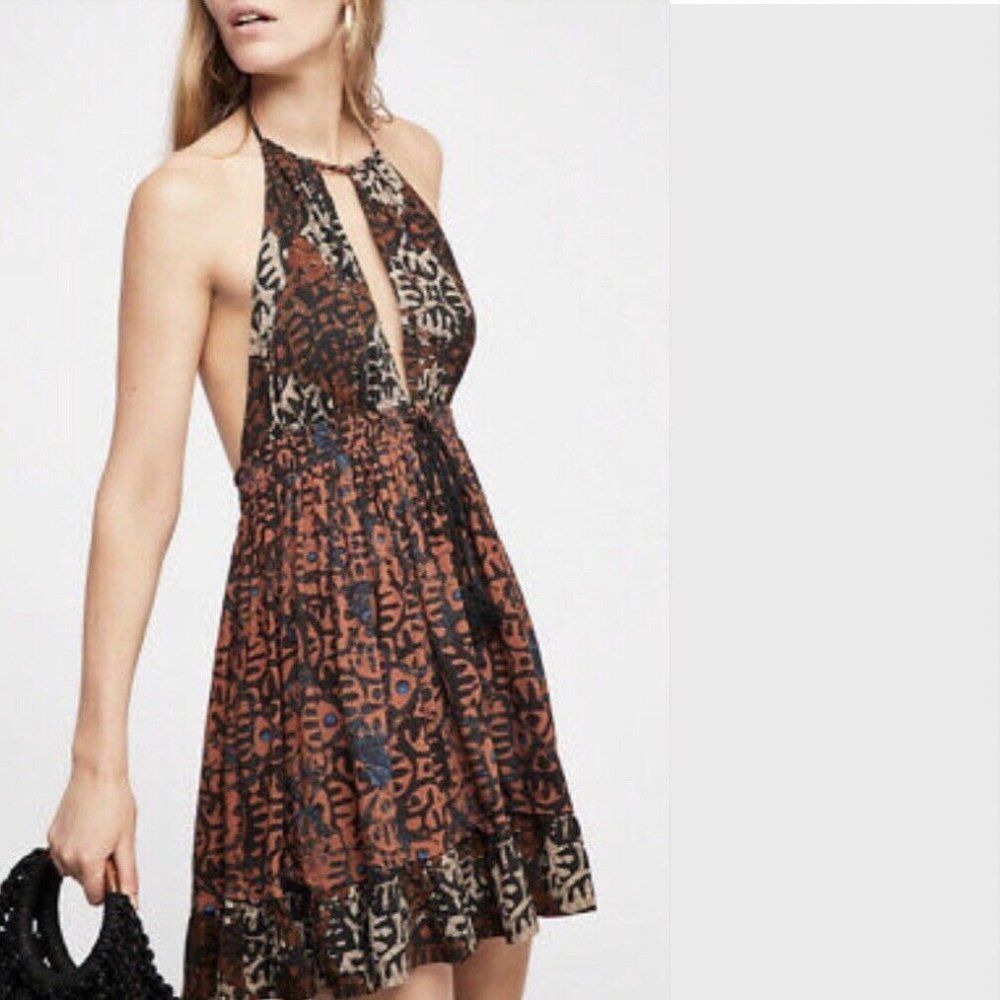 Free People Beach Day Halter Mini Dress Black/Brown Leopard Print Size Small